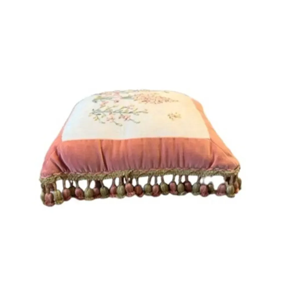 Botanical Embroidered Accent Pillow Pink Velvet Tassel Fringe